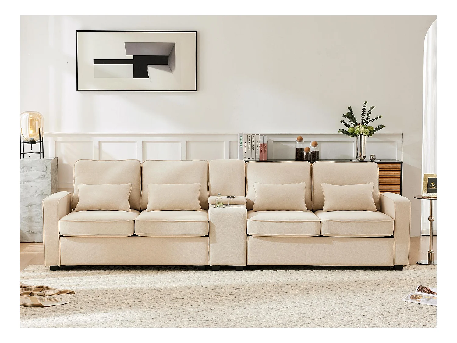 Canapé moderne 4 places en tissu lin - avec ports USB et 2 porte-gobelets - Beige