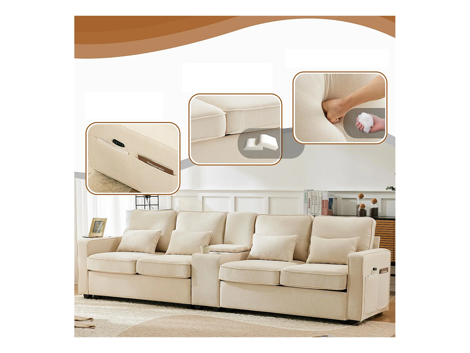 Modernes 4-Sitzer-Sofa aus Leinenstoff – mit USB-Anschlüssen und 2 Getränkehaltern – Beige