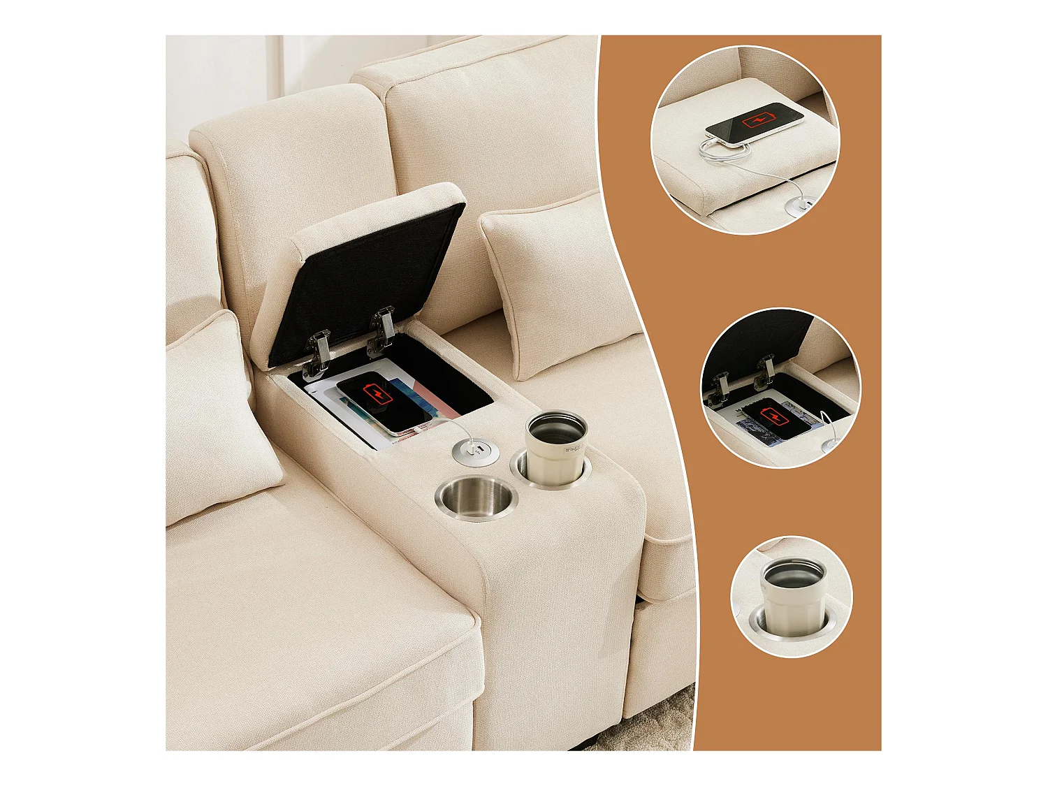 Modernes 4-Sitzer-Sofa aus Leinenstoff – mit USB-Anschlüssen und 2 Getränkehaltern – Beige