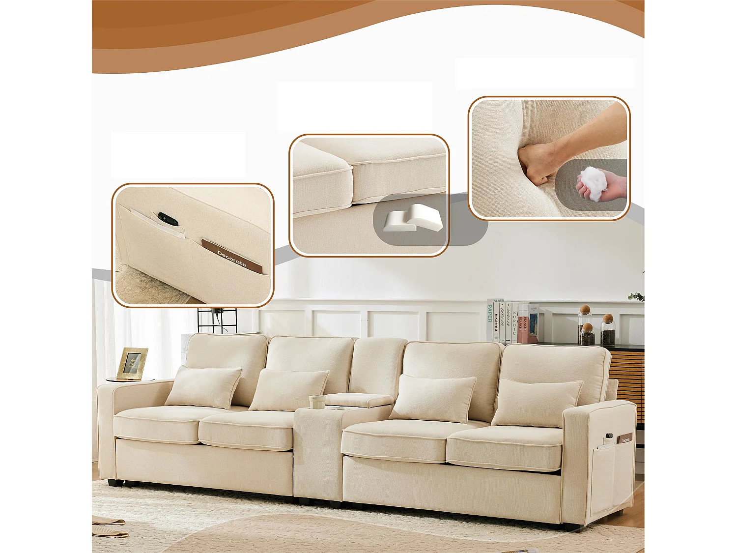 Divano moderno a 4 posti in tessuto di lino - con porte USB e 2 portabicchieri - Beige