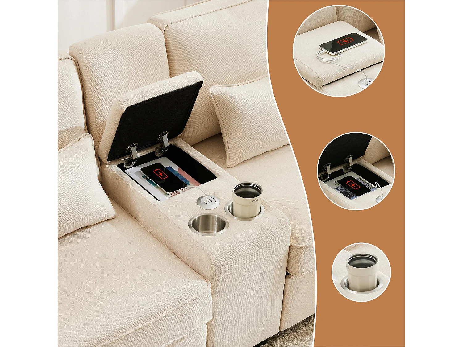 Divano moderno a 4 posti in tessuto di lino - con porte USB e 2 portabicchieri - Beige