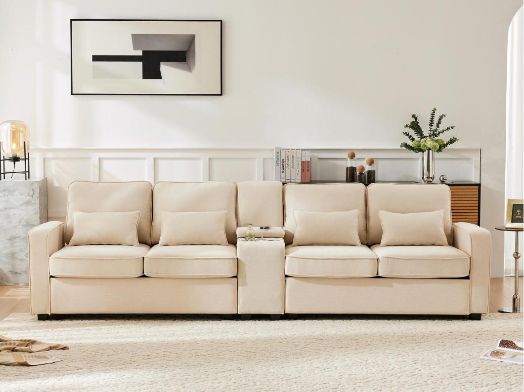 Moderne 4-zitsbank in linnenstof - met USB-poorten en 2 bekerhouders - Beige