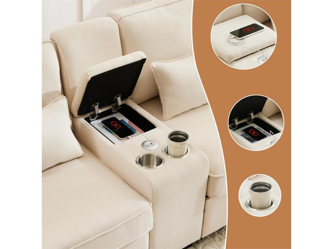 Sofá moderno de 4 lugares em tecido de linho - com portas USB e 2 bases para copos - Bege