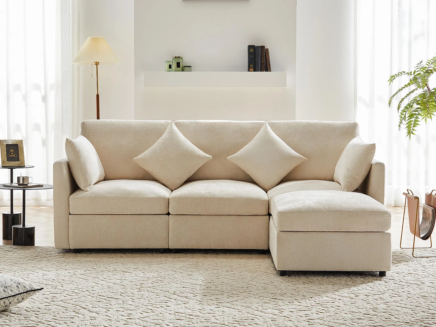 3-zits hoekbank - met modulaire voetsteun - chenille - Beige