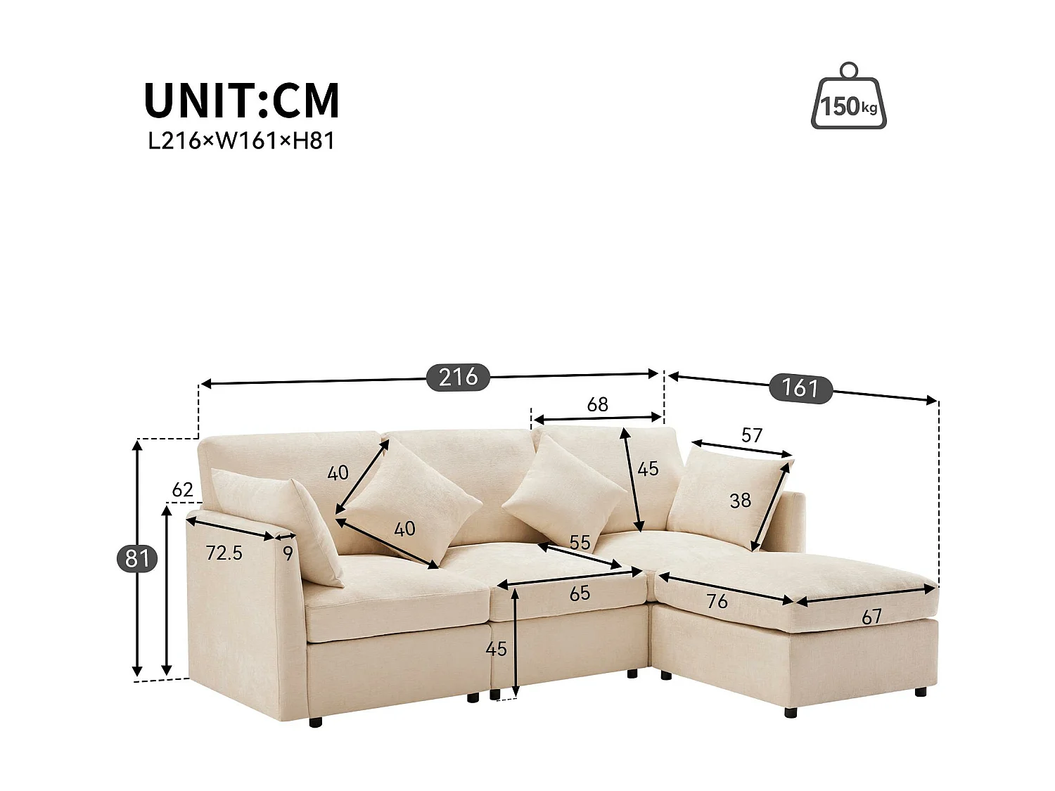 Canapé d'angle 3 places - avec repose-pieds modulable - chenille - Beige