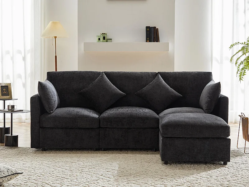 Sofá de canto de 3 lugares - com apoio para pés modular - chenille - Cinza