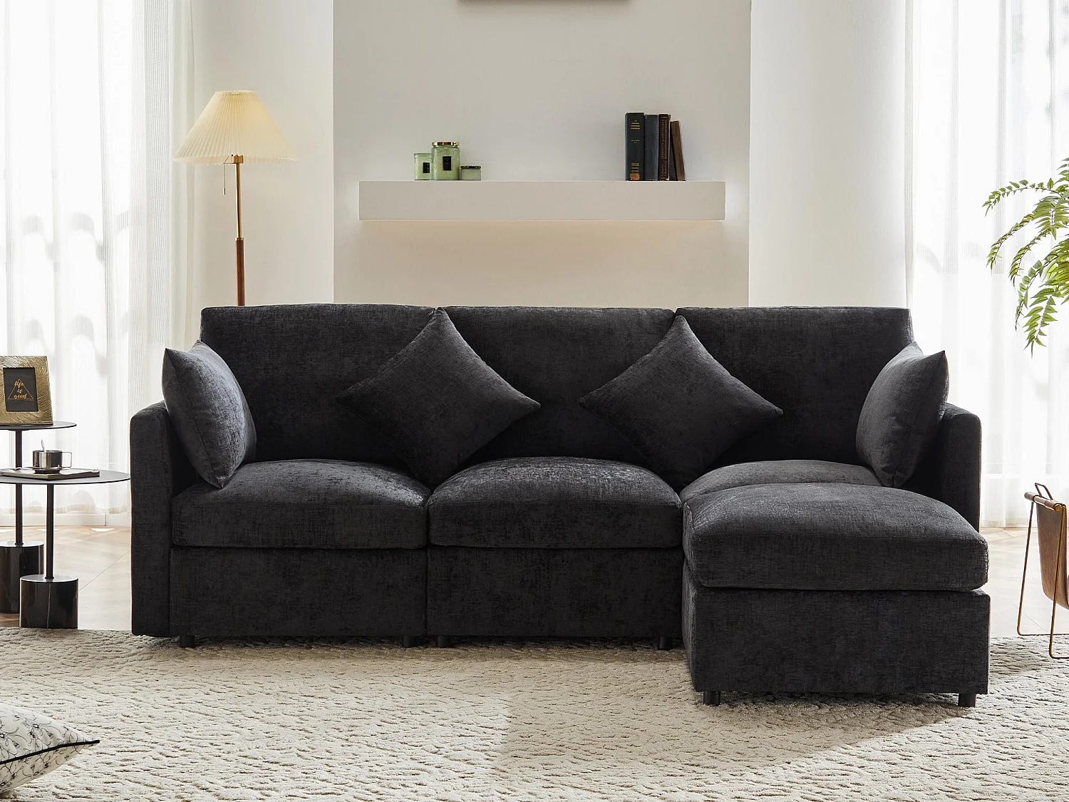 Canapé d'angle 3 places - avec repose-pieds modulable - chenille - Gris