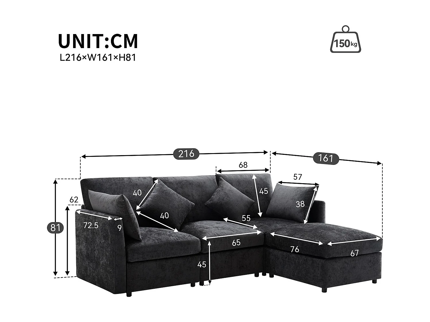 Canapé d'angle 3 places - avec repose-pieds modulable - chenille - Gris