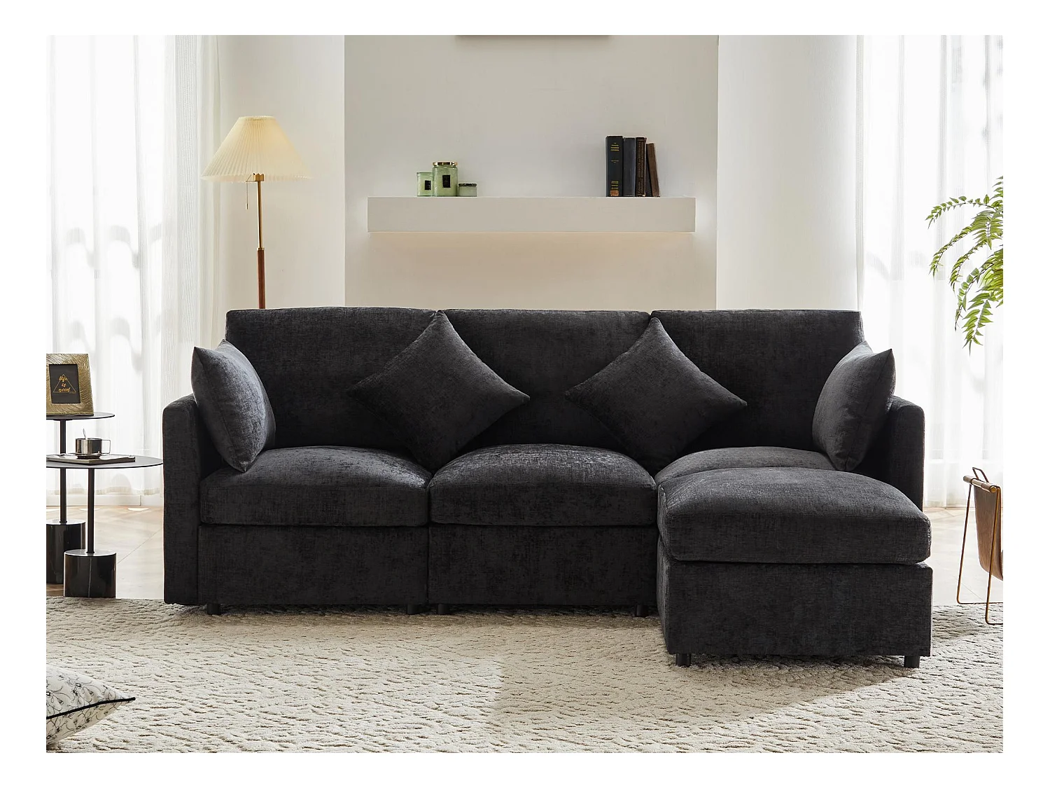 Canapé d'angle 3 places - avec repose-pieds modulable - chenille - Gris