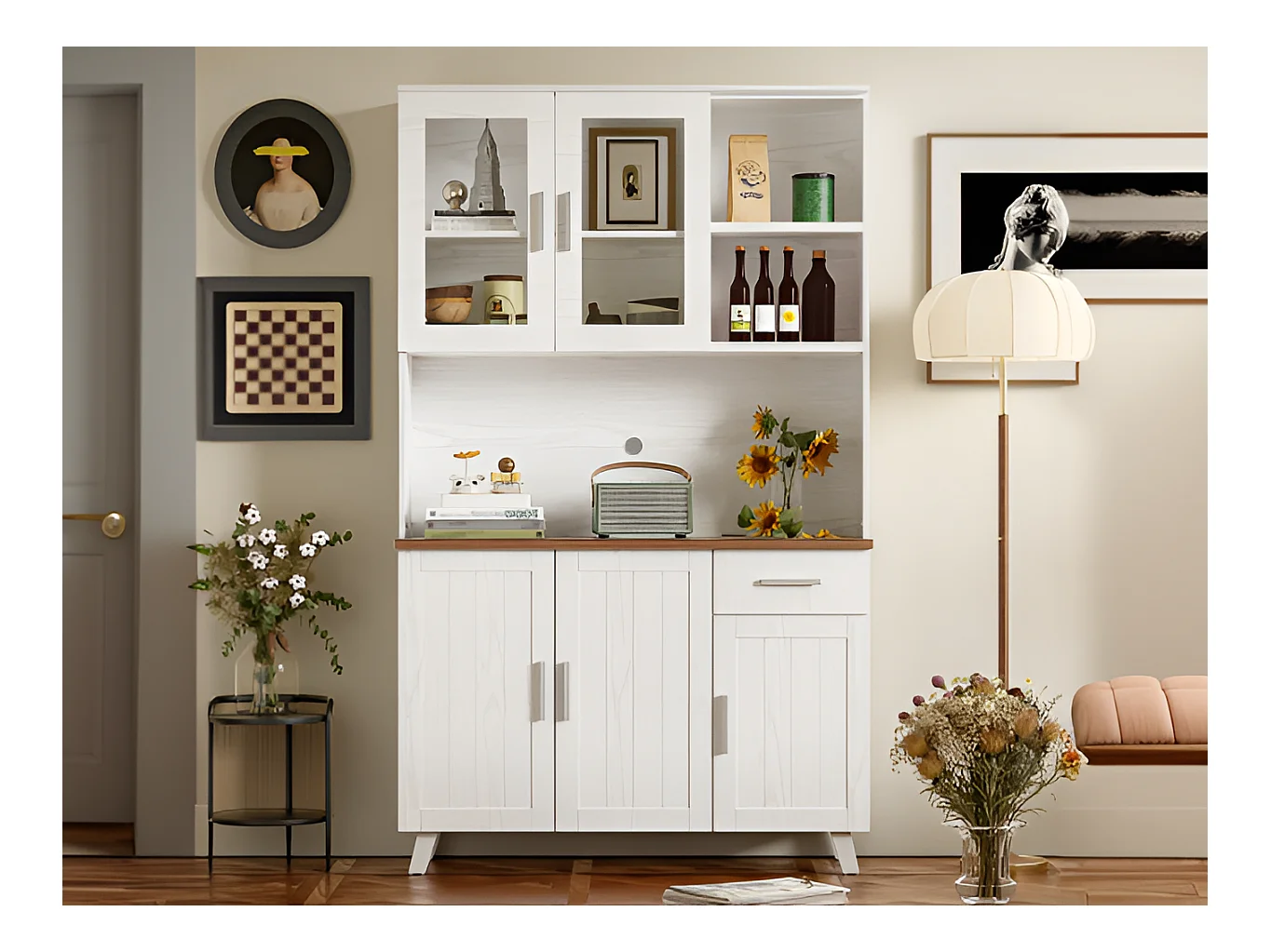 Vitrine H 190 cm - 5 portes 1 tiroir 3 compartiments - panneaux de particules - Blanc