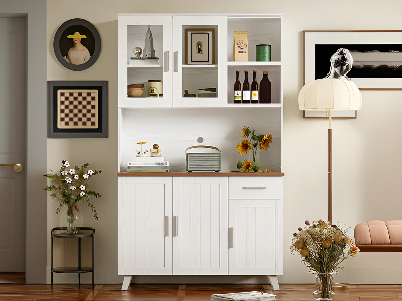 Vitrine H 190 cm - 5 portes 1 tiroir 3 compartiments - panneaux de particules - Blanc