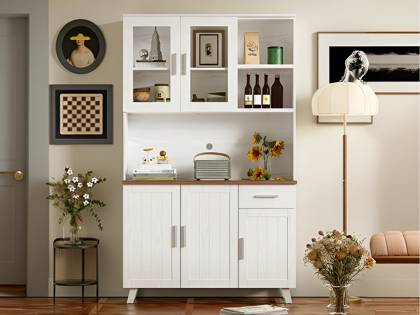 Vitrine H 190 cm - 5 portes 1 tiroir 3 compartiments - panneaux de particules - Blanc