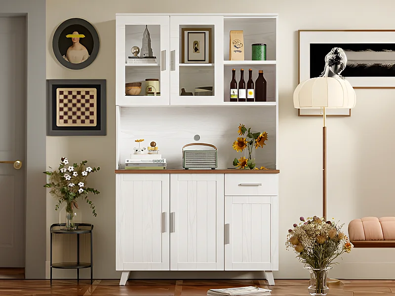 Vitrine H 190 cm - 5 portes 1 tiroir 3 compartiments - panneaux de particules - Blanc