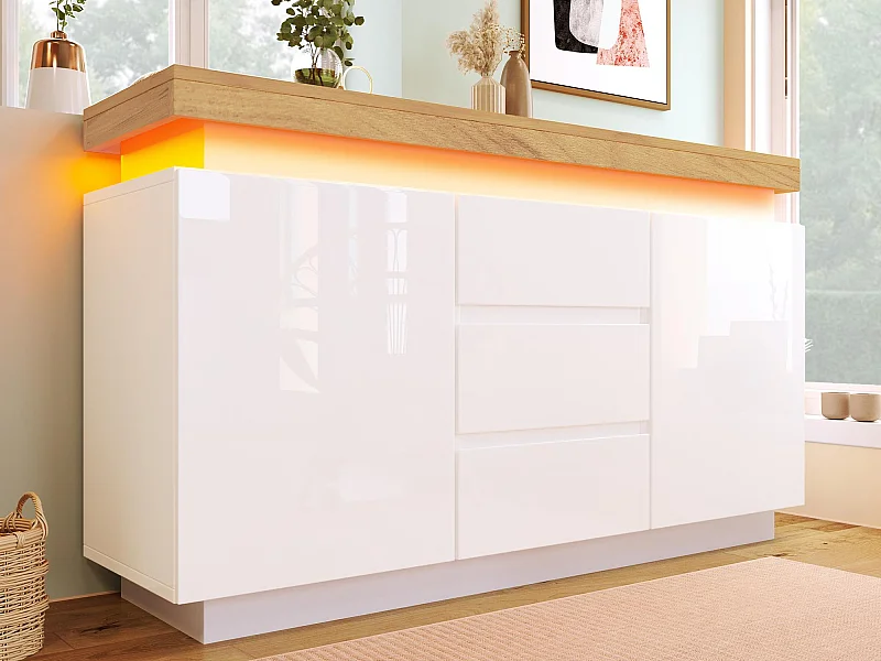 Kommode mit LED – 3 Schubladen und 2 Türen mit verstellbaren Einlegeböden – Weiß