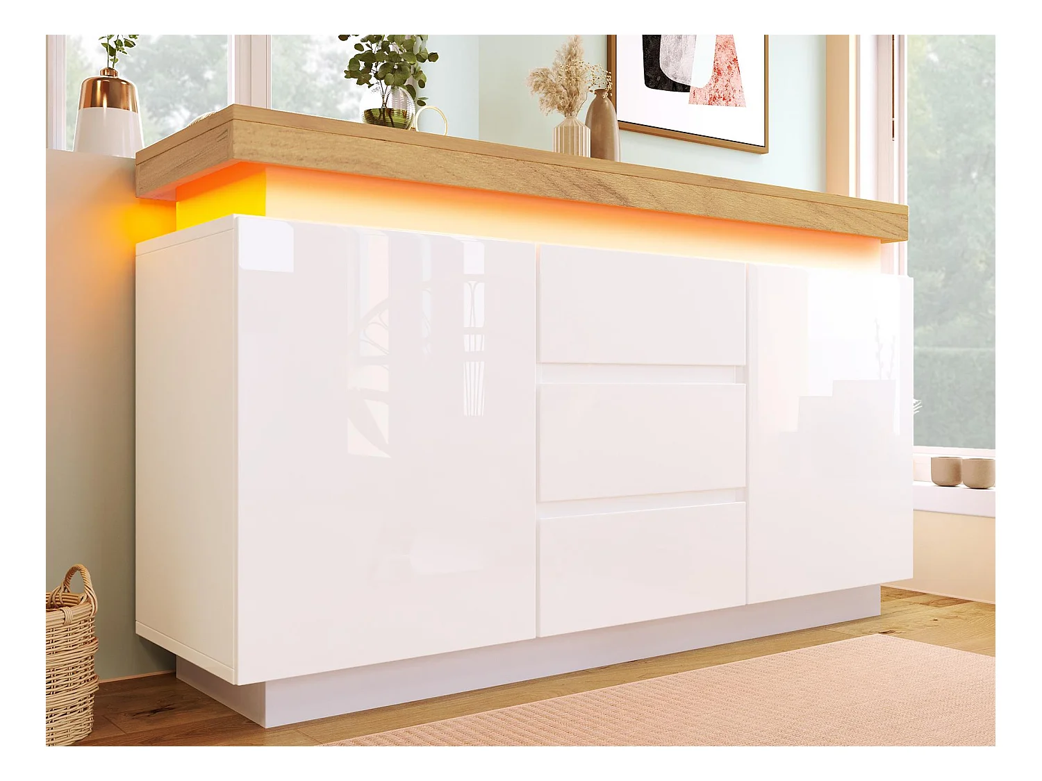 Commode avec LED - 3 tiroirs et 2 portes avec étagères réglables - Blanc