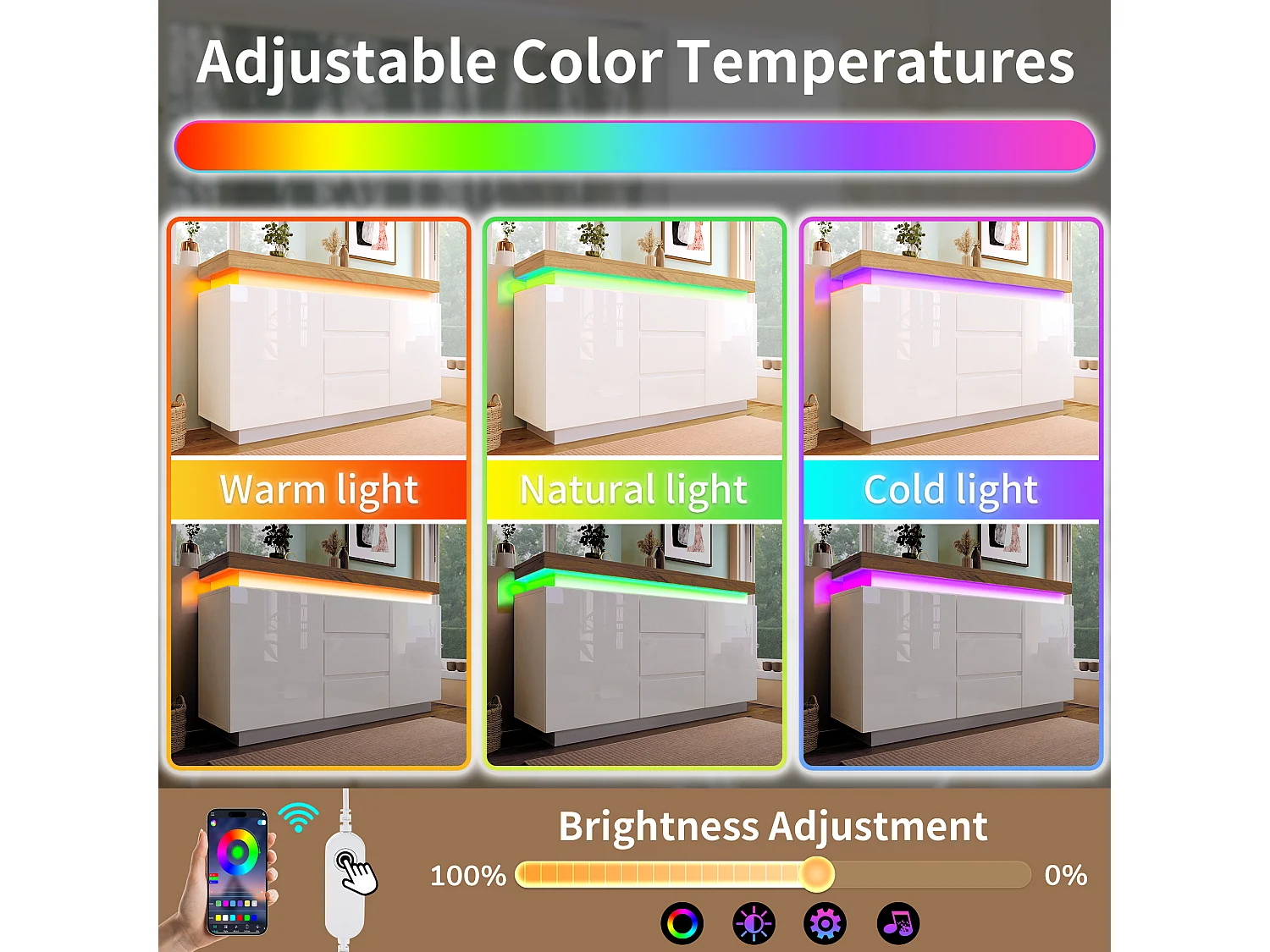 Cassettiera con LED - 3 cassetti e 2 ante con ripiani regolabili - Bianco