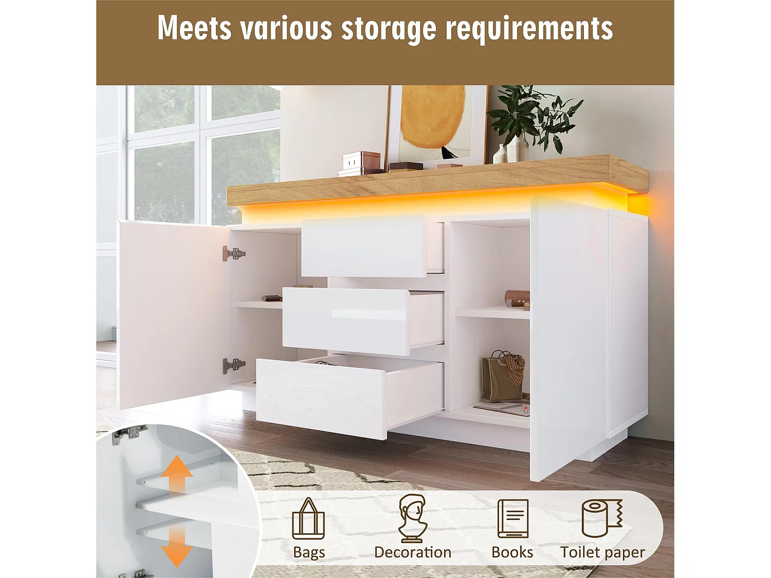 Cassettiera con LED - 3 cassetti e 2 ante con ripiani regolabili - Bianco