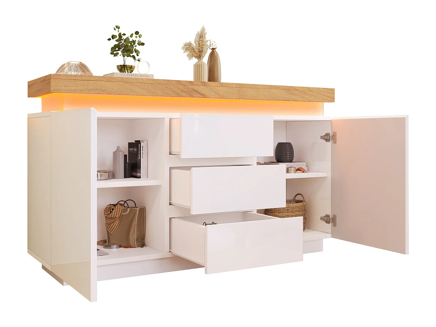 Cassettiera con LED - 3 cassetti e 2 ante con ripiani regolabili - Bianco