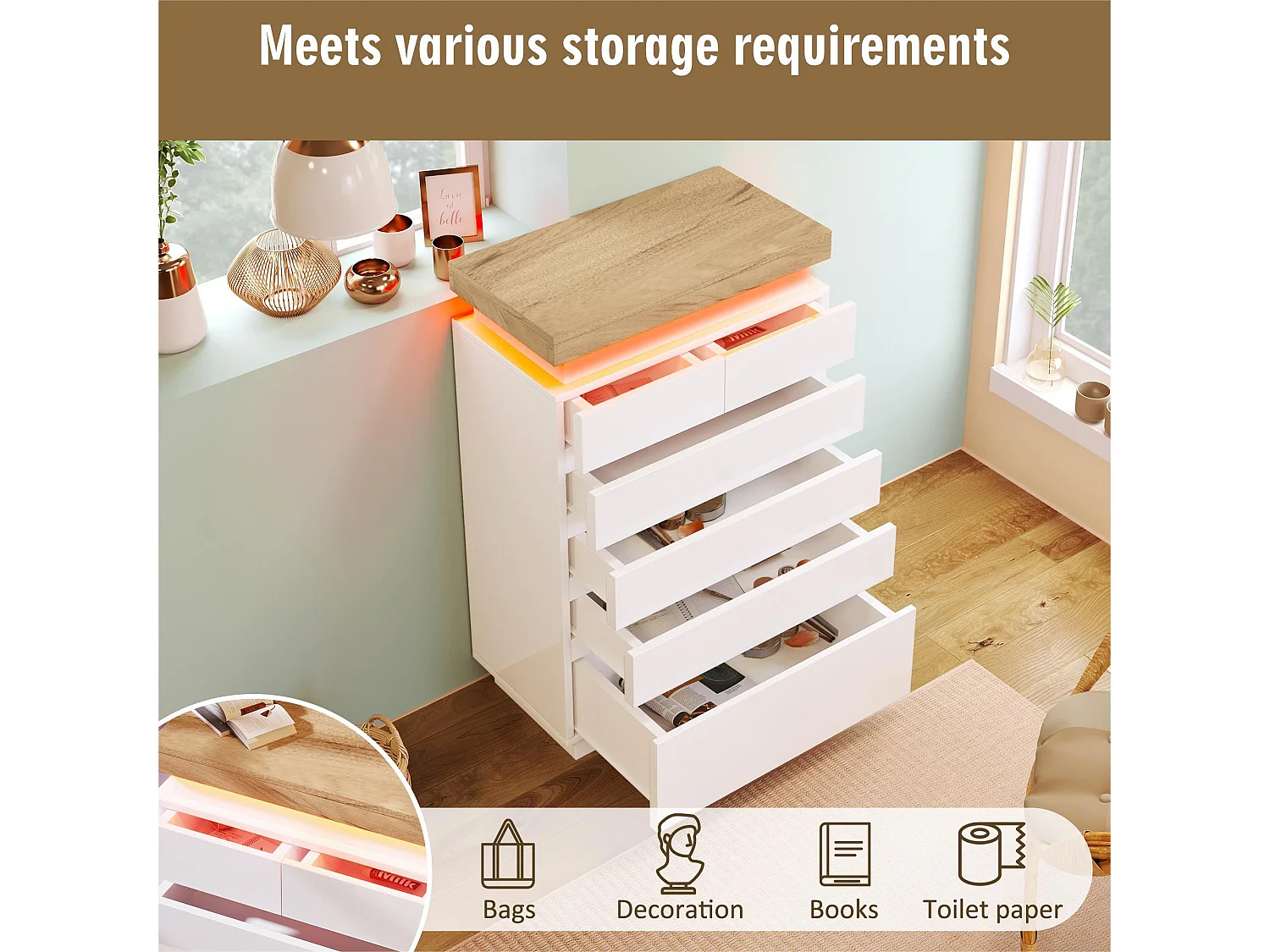 Kommode mit LED – 6 Schubladen – Weiß