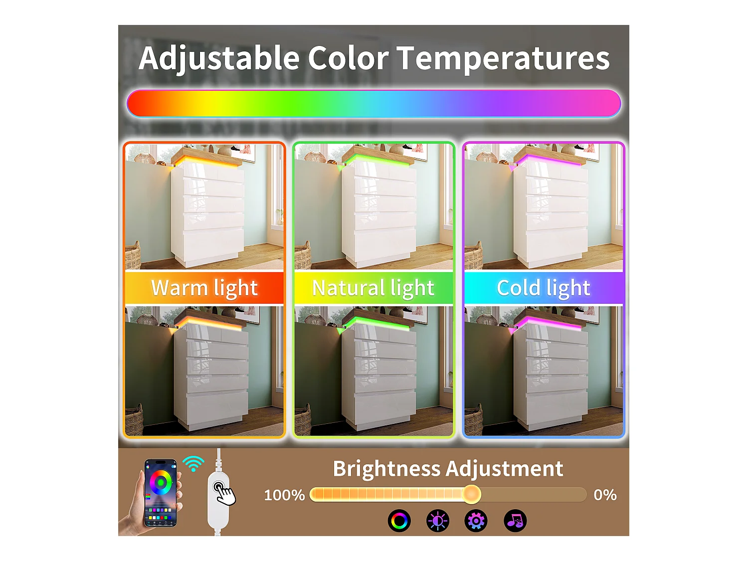 Commode avec LED - 6 tiroirs - Blanc