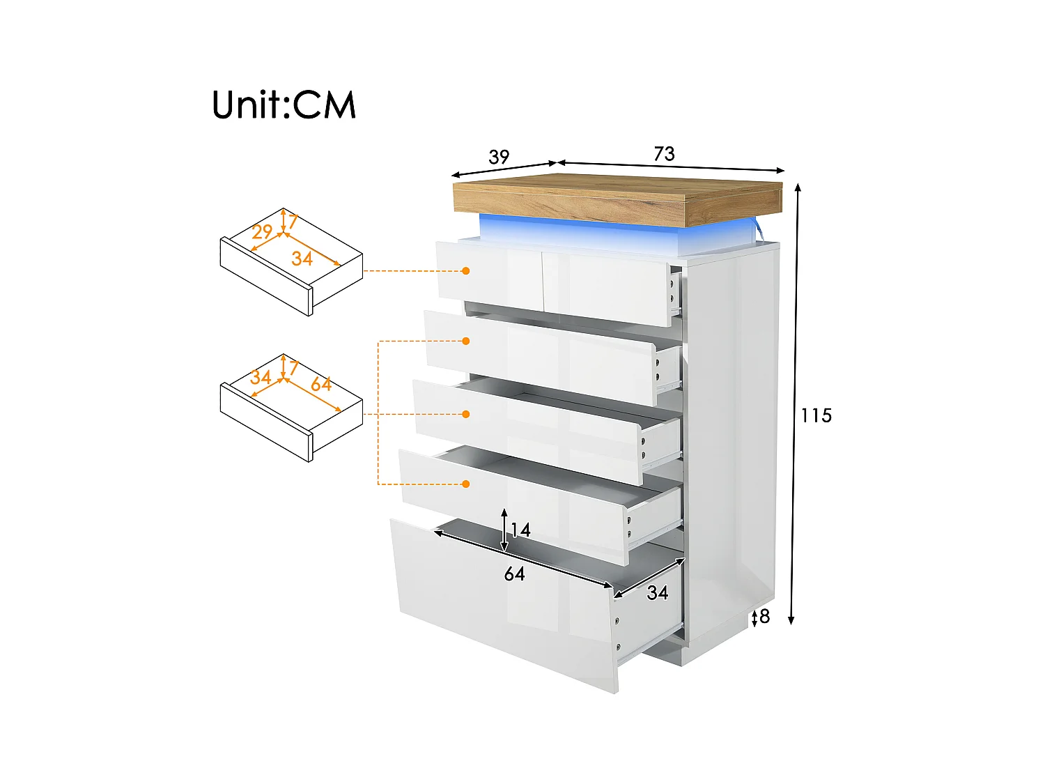 Commode avec LED - 6 tiroirs - Blanc