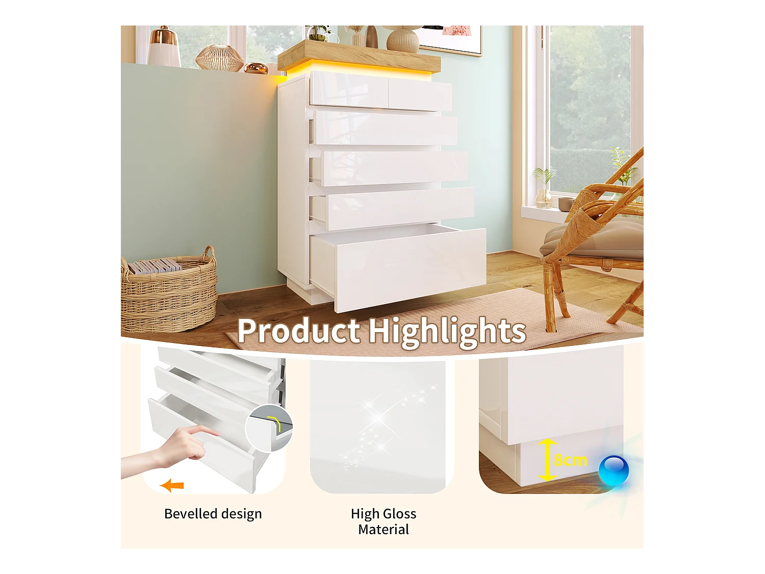 Commode avec LED - 6 tiroirs - Blanc