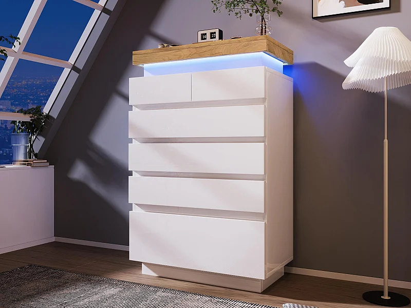 Commode avec LED - 6 tiroirs - Blanc