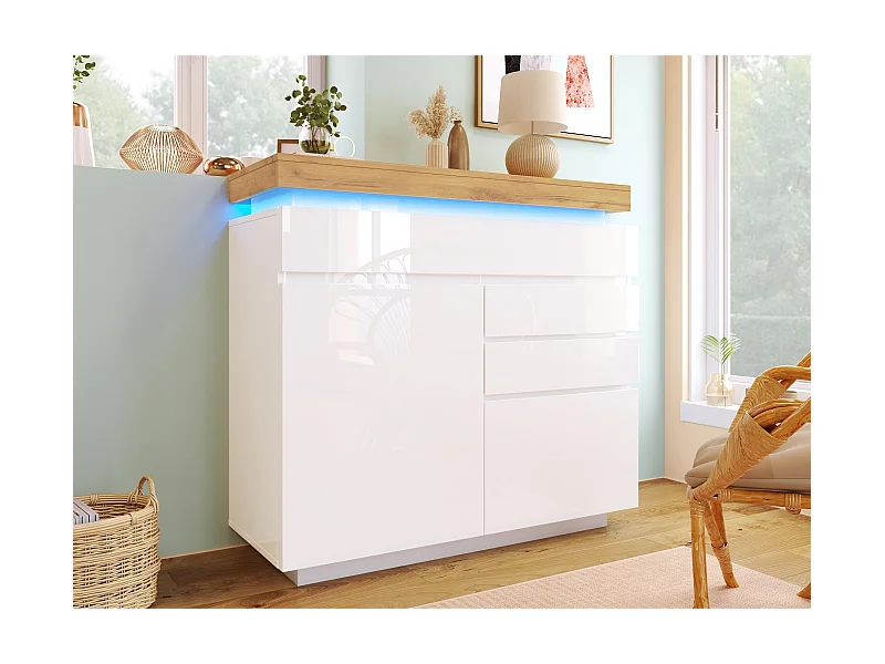 Kommode mit LED – 3 Schubladen und 2 Türen mit verstellbaren Einlegeböden – Weiß