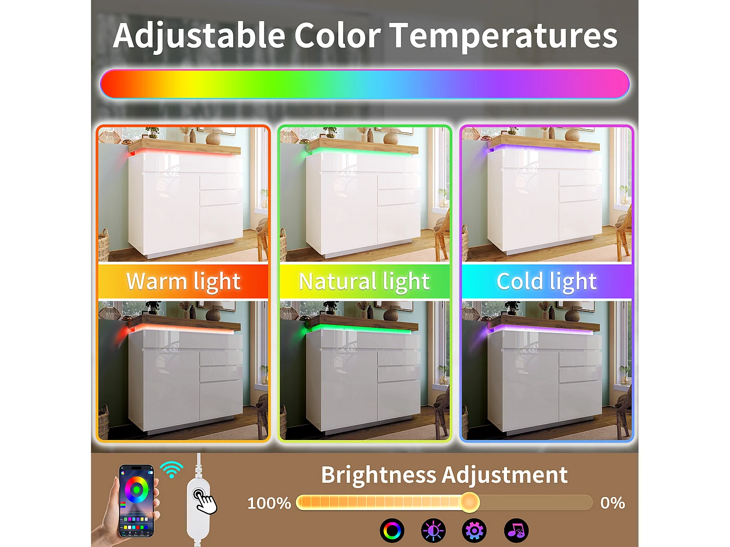 Cómoda com LED - 3 gavetas e 2 portas com prateleiras reguláveis - Branco