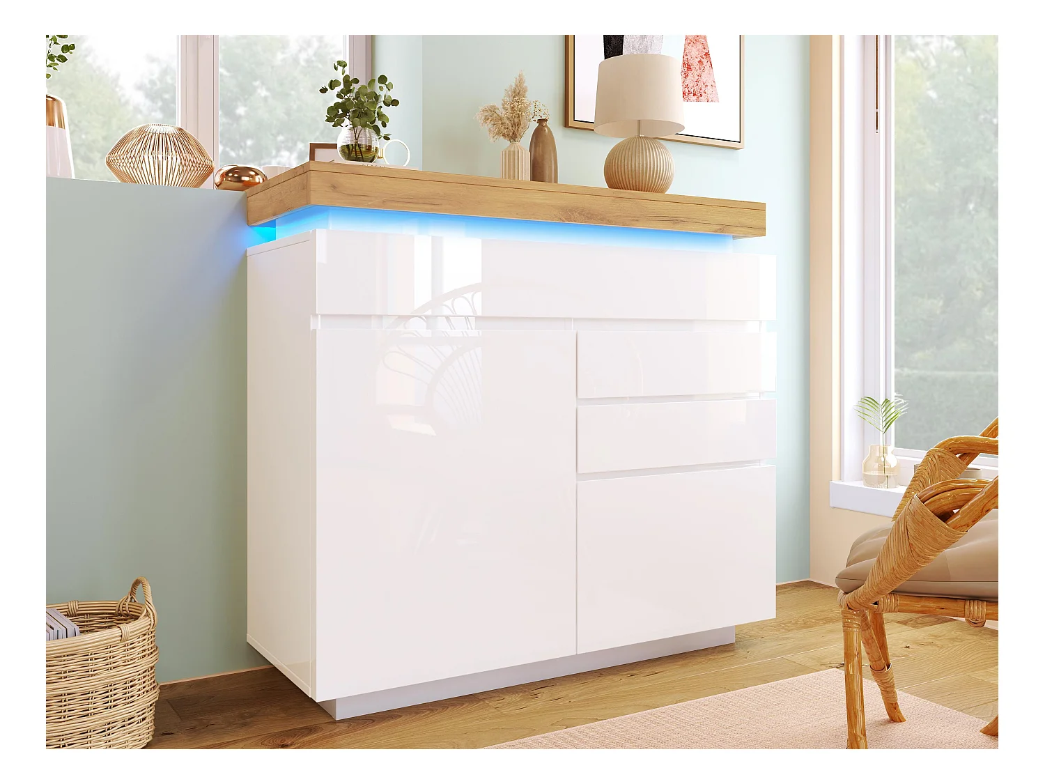 Commode avec LED - 3 tiroirs et 2 portes avec étagères réglables - Blanc