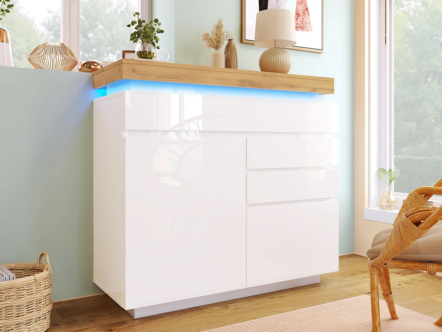 Cassettiera con LED - 3 cassetti e 2 ante con ripiani regolabili - Bianco