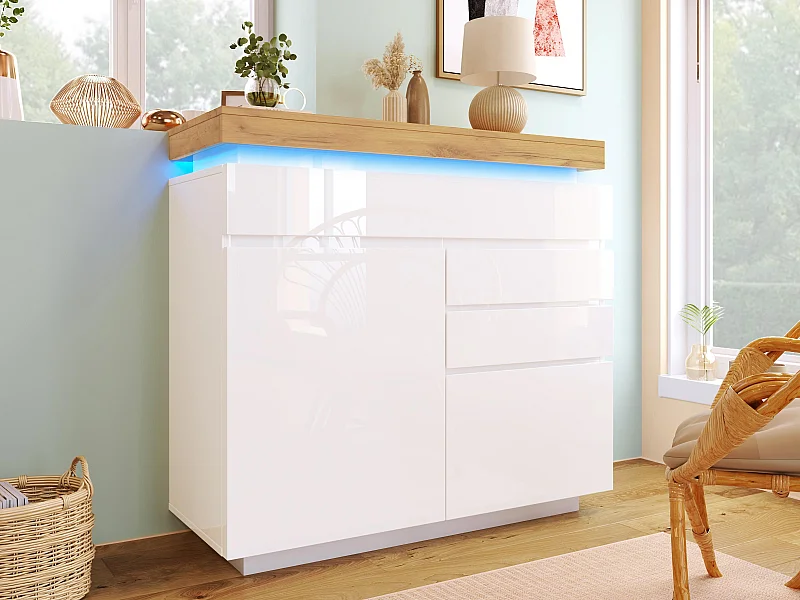 Commode avec LED - 3 tiroirs et 2 portes avec étagères réglables - Blanc