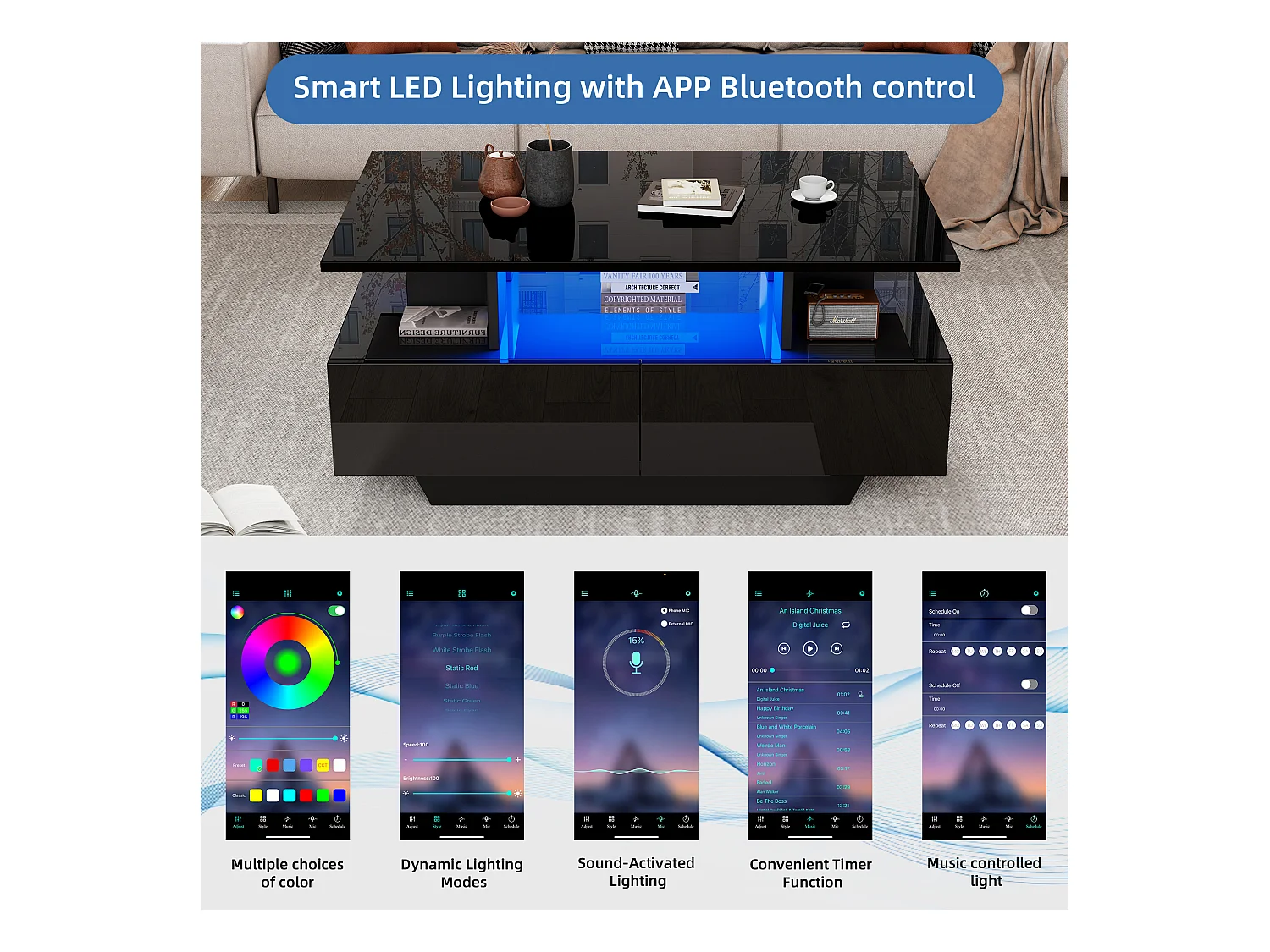 Salontafel met LED - met 2 lades - Zwart