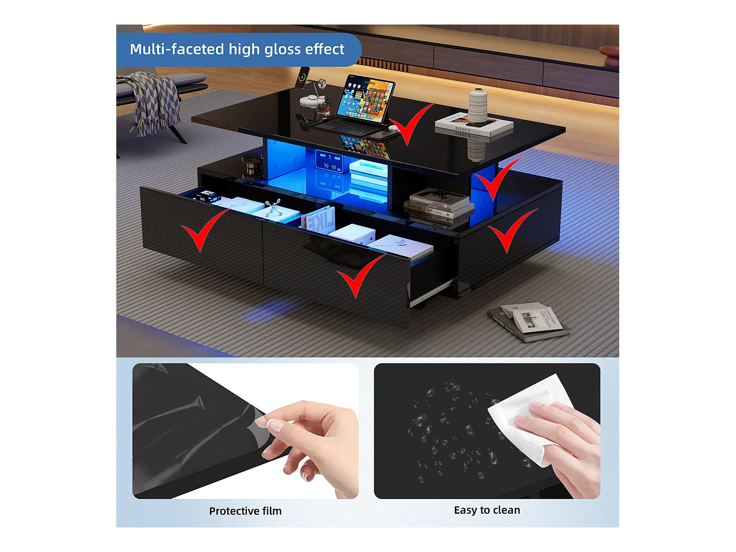 Salontafel met LED - met 2 lades - Zwart