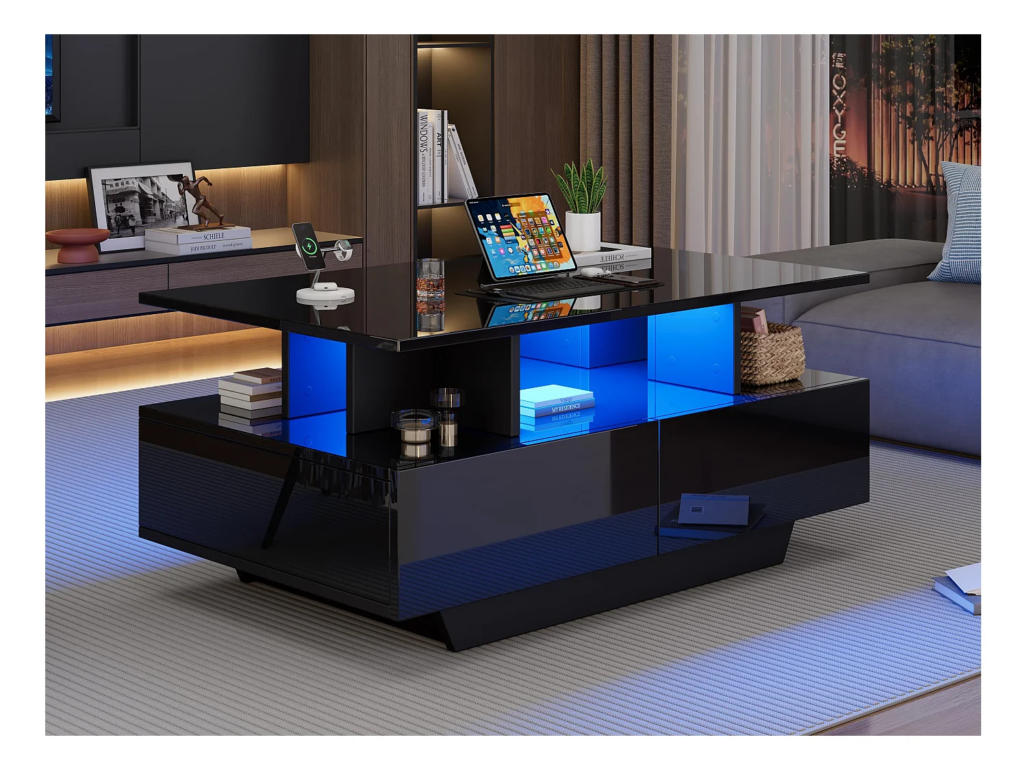 Table basse avec LED - avec 2 tiroirs - Noir