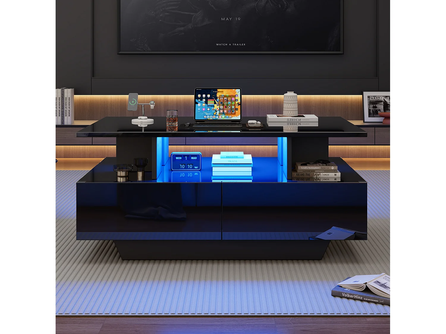Table basse avec LED - avec 2 tiroirs - Noir