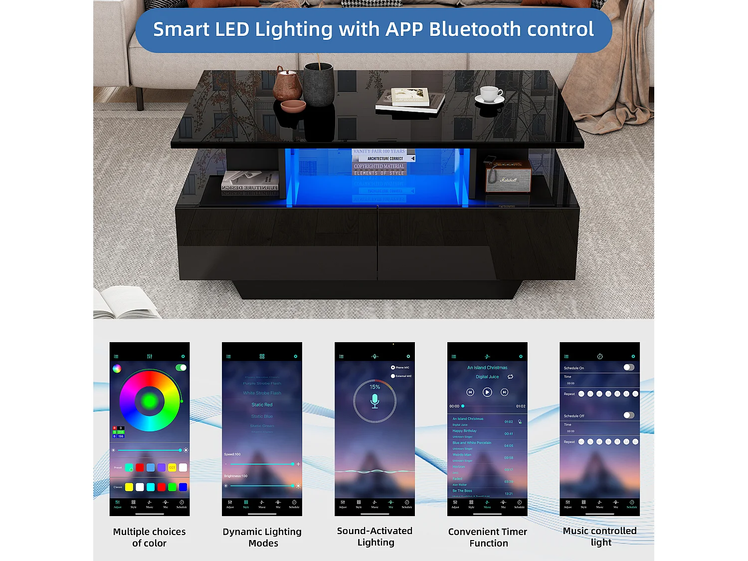 Table basse avec LED - avec 2 tiroirs - Noir