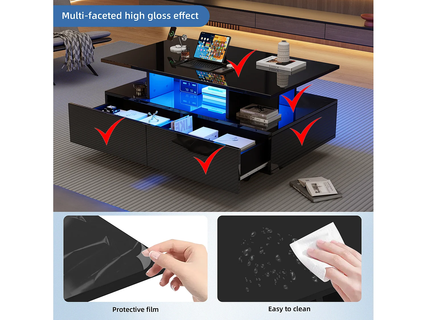 Table basse avec LED - avec 2 tiroirs - Noir