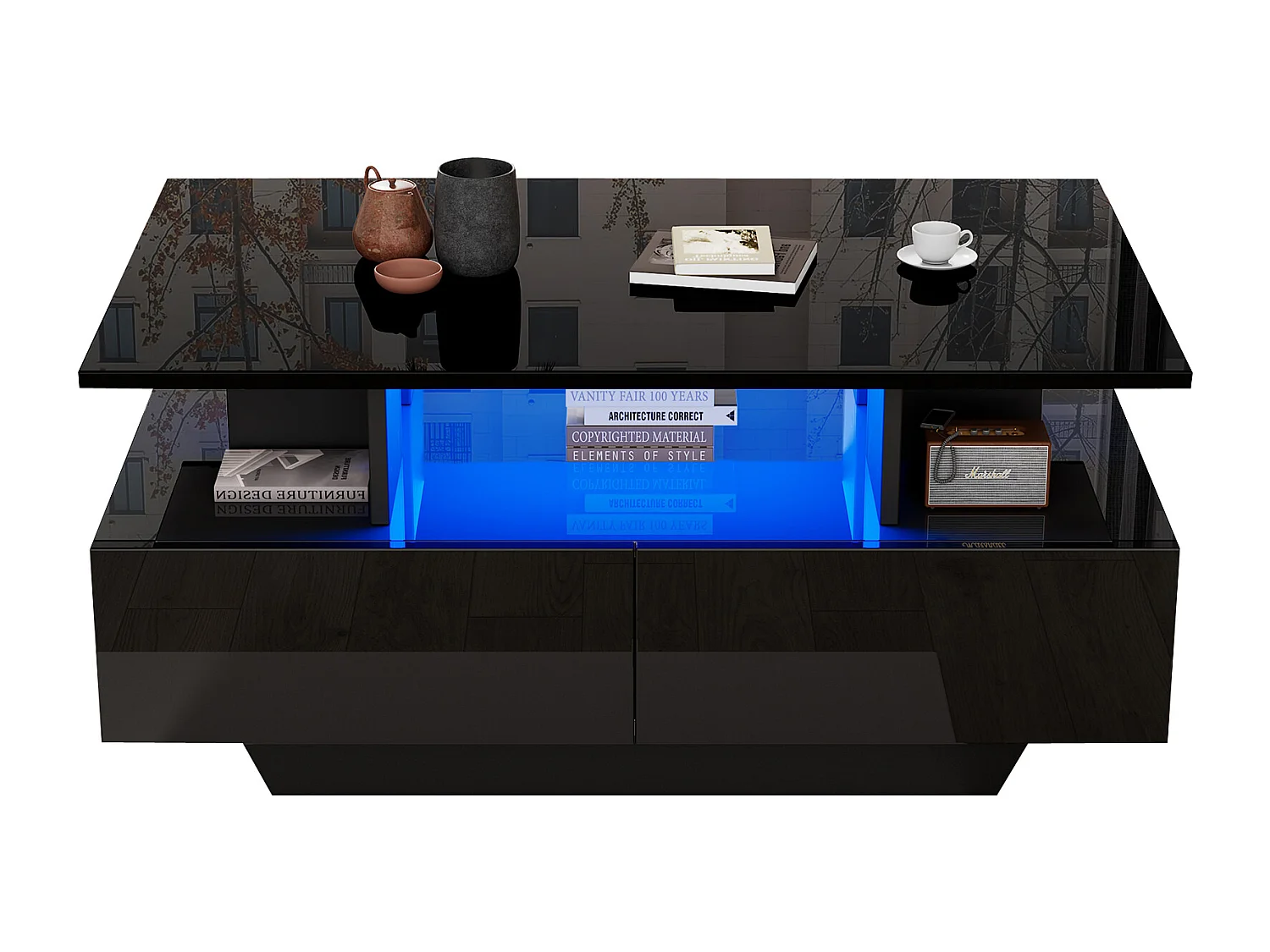 Table basse avec LED - avec 2 tiroirs - Noir