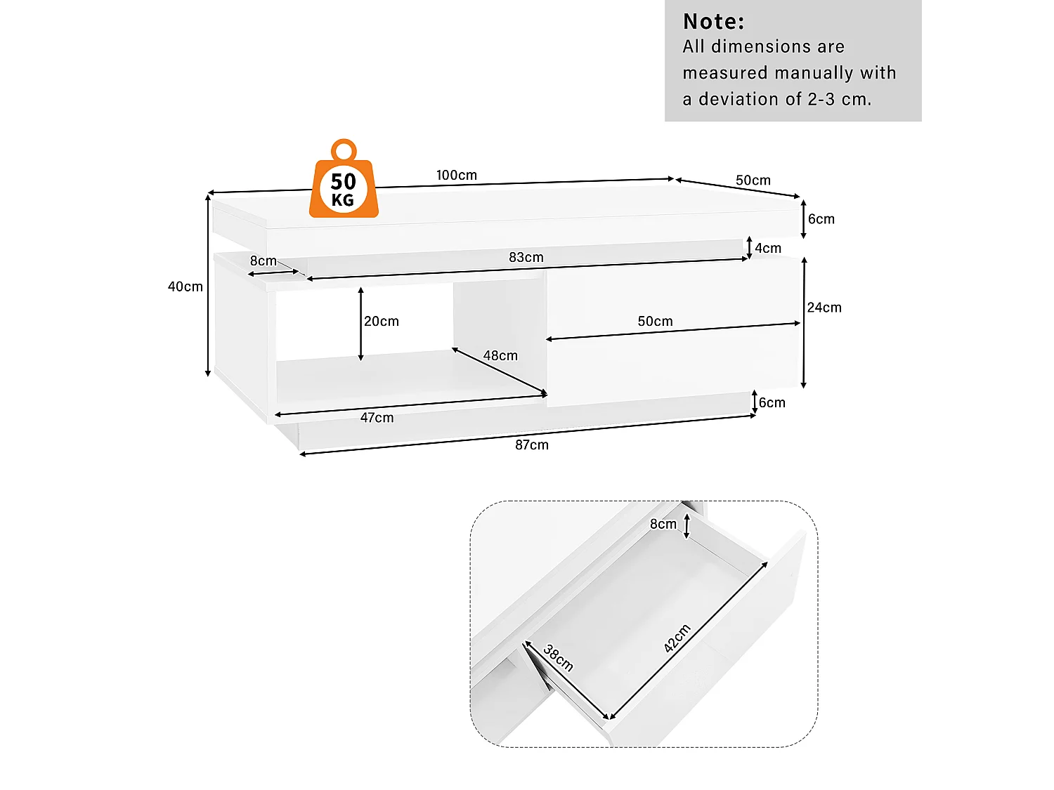 Salontafel met LED - met 1 lade en 1 vak - Wit