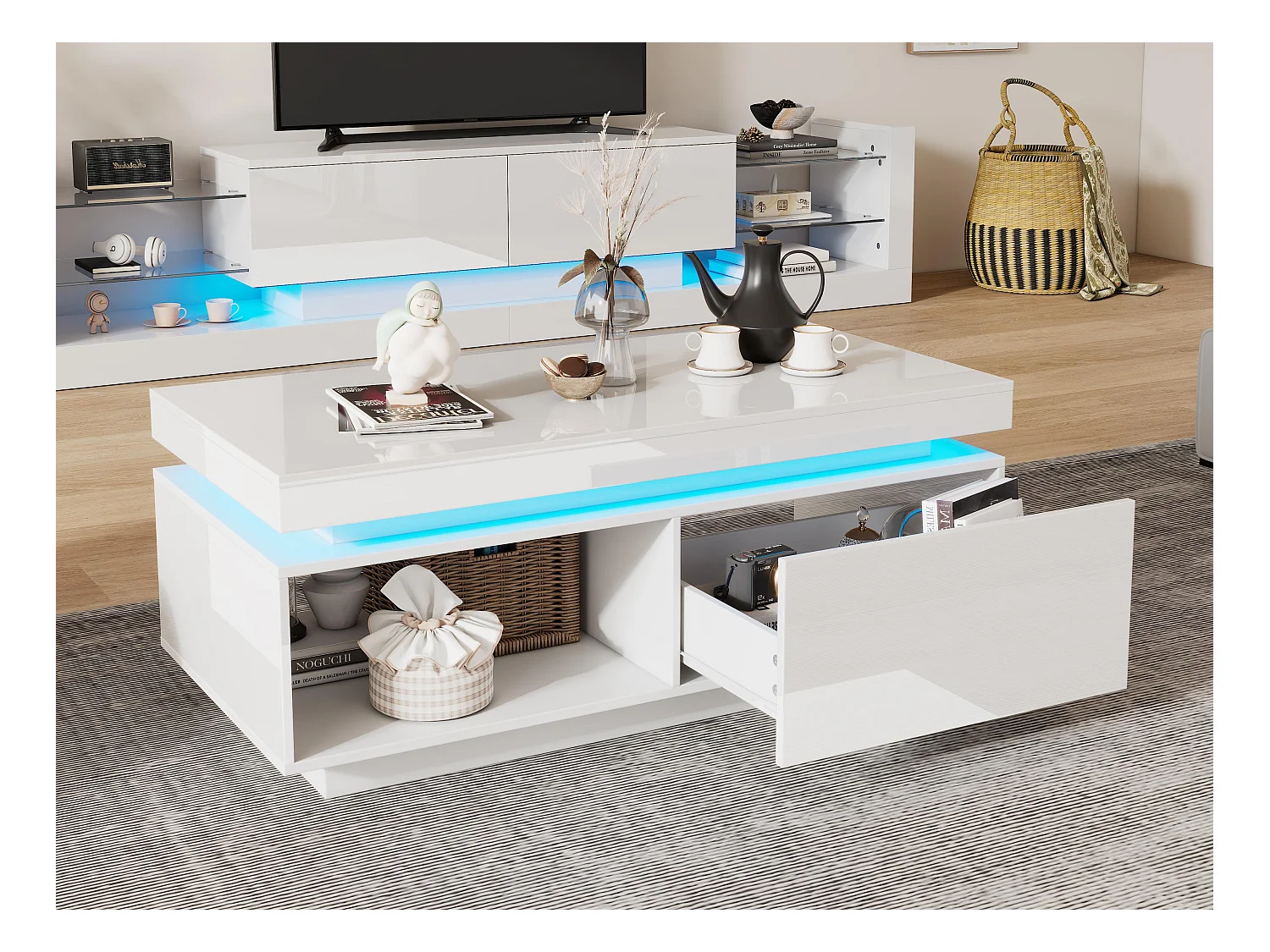 Table basse avec LED - avec 1 tiroir et 1 compartiment - Blanc