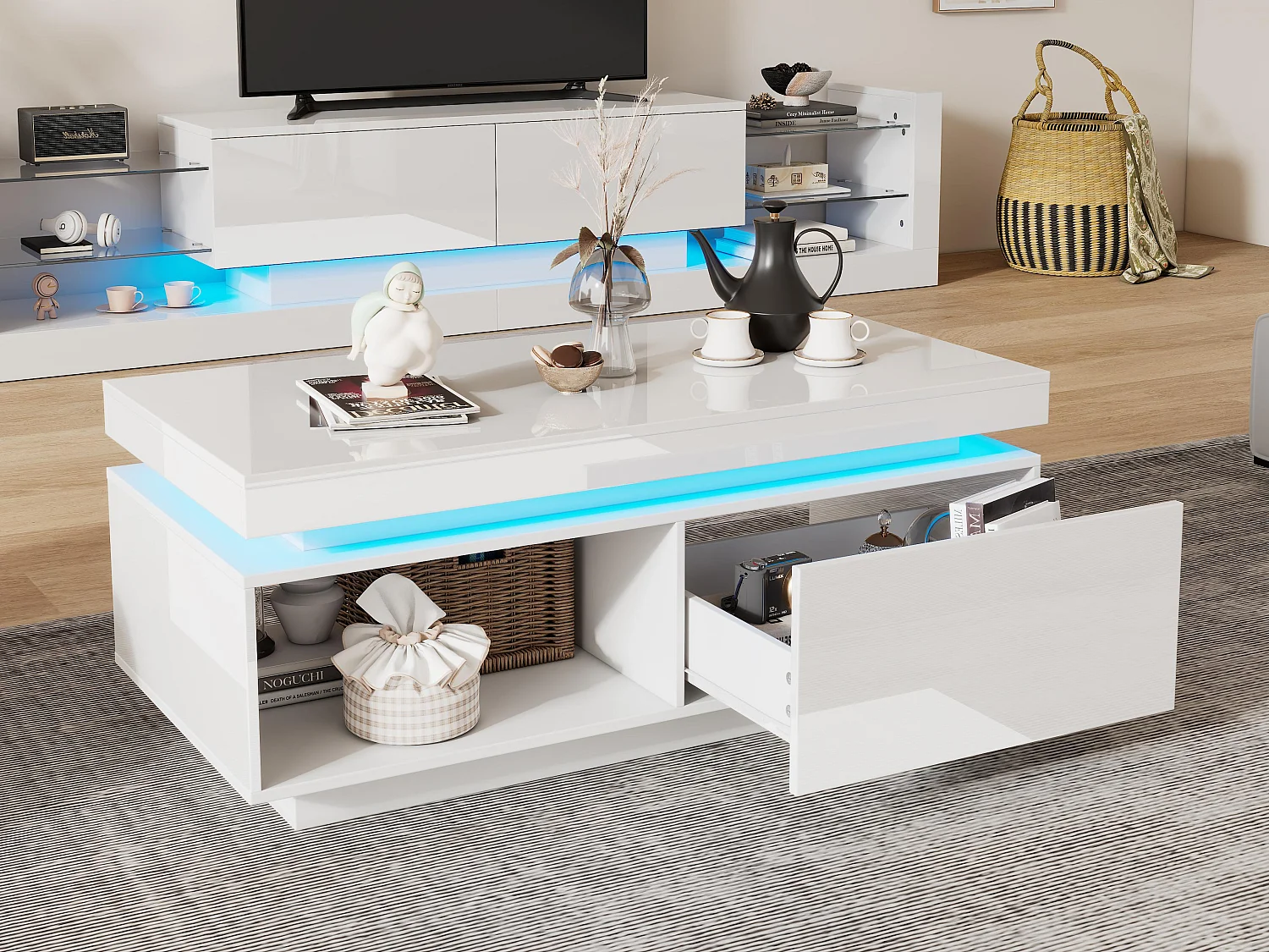 Table basse avec LED - avec 1 tiroir et 1 compartiment - Blanc