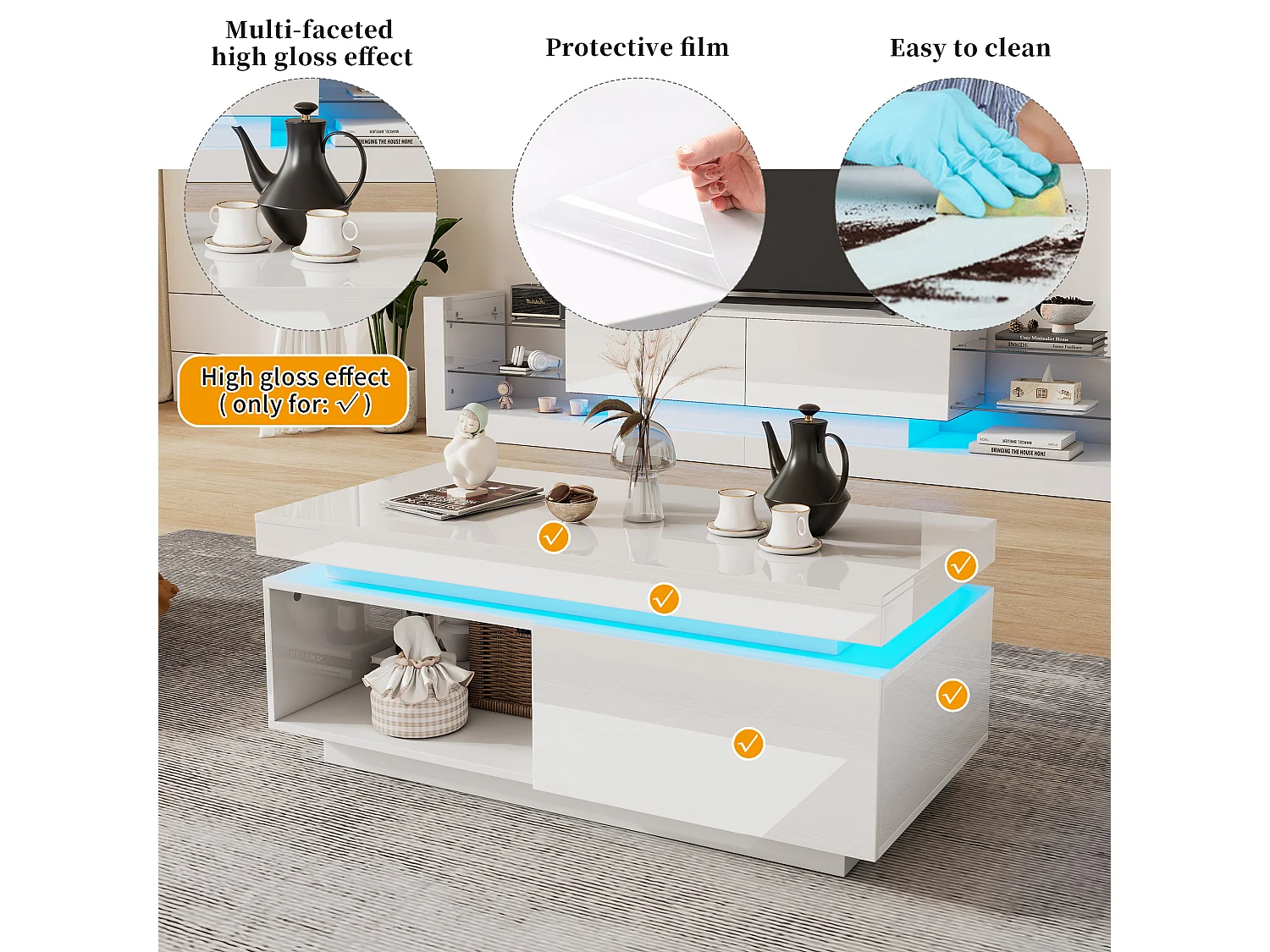 Table basse avec LED - avec 1 tiroir et 1 compartiment - Blanc