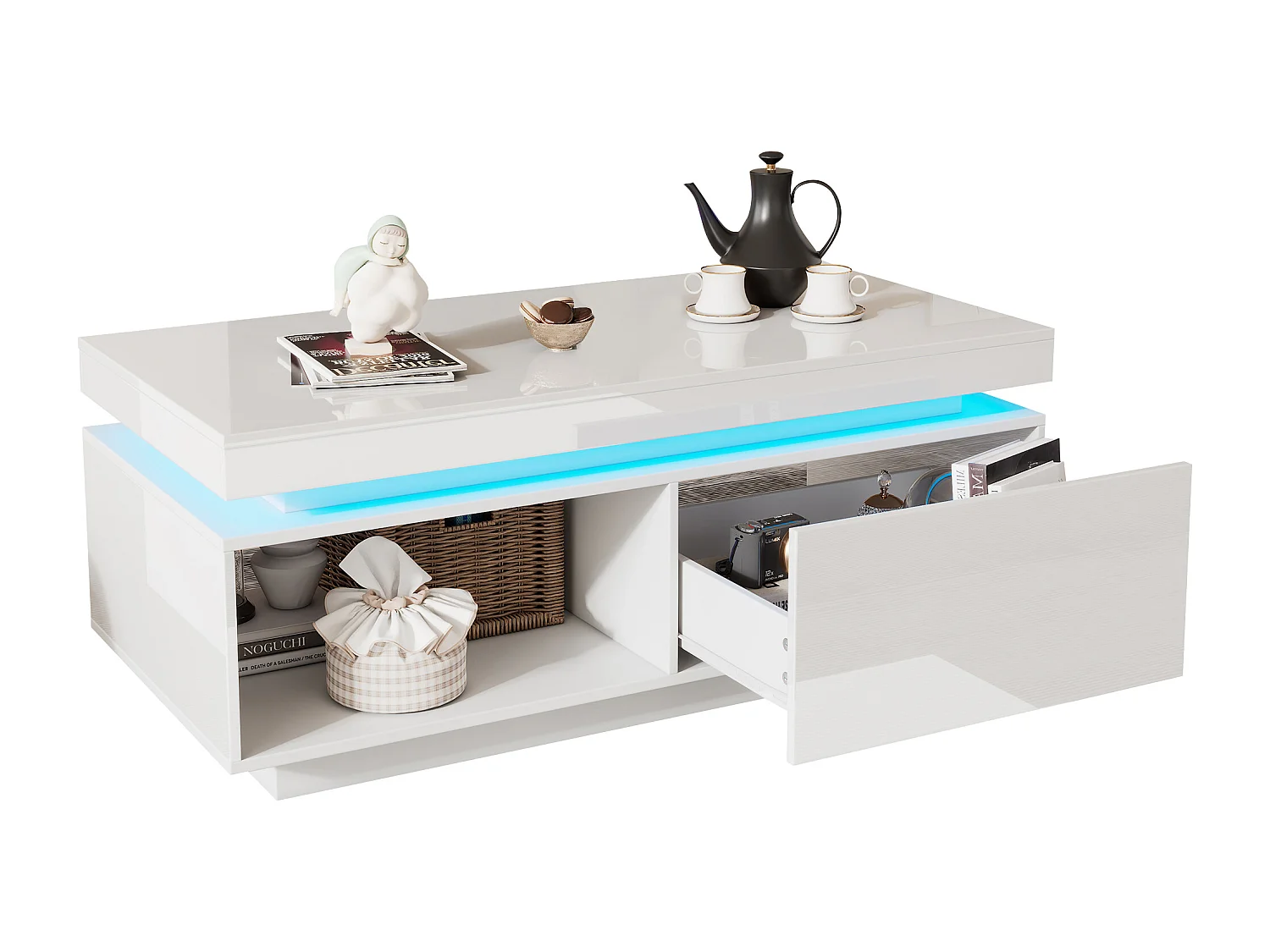 Table basse avec LED - avec 1 tiroir et 1 compartiment - Blanc