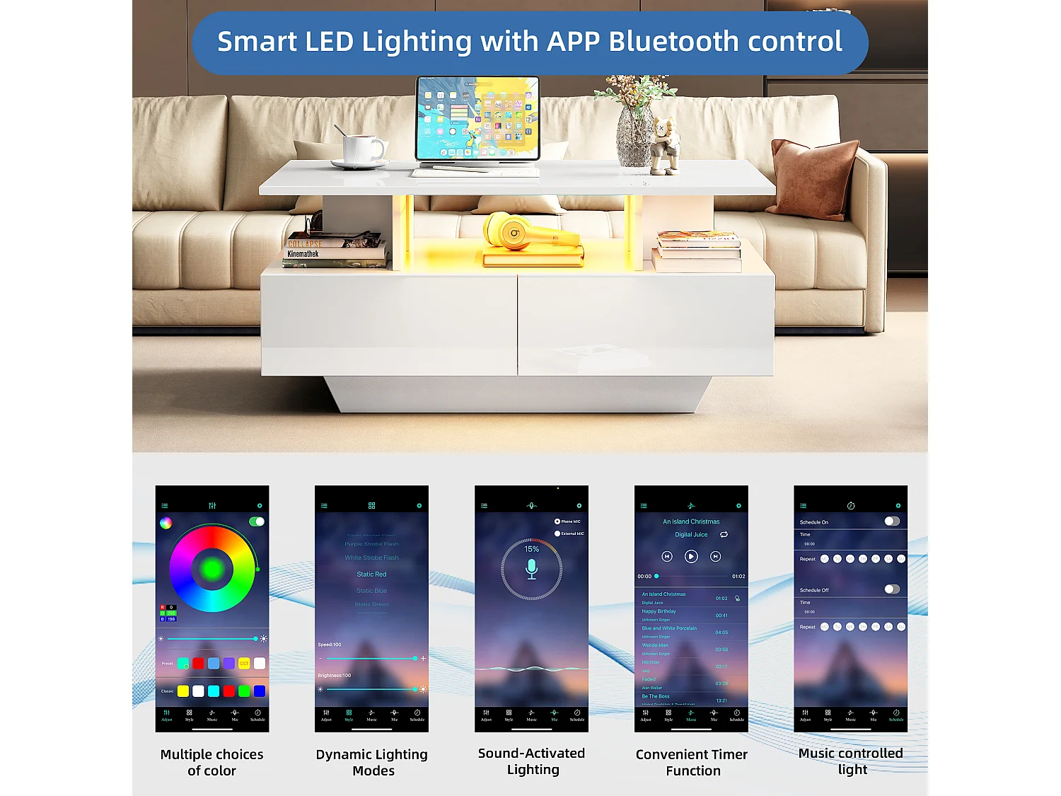 Table basse avec LED - avec 2 tiroirs - Blanc