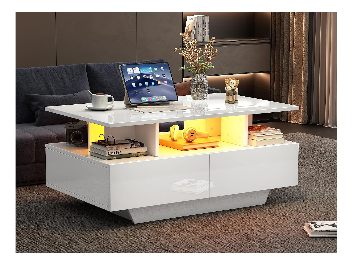 Table basse avec LED - avec 2 tiroirs - Blanc