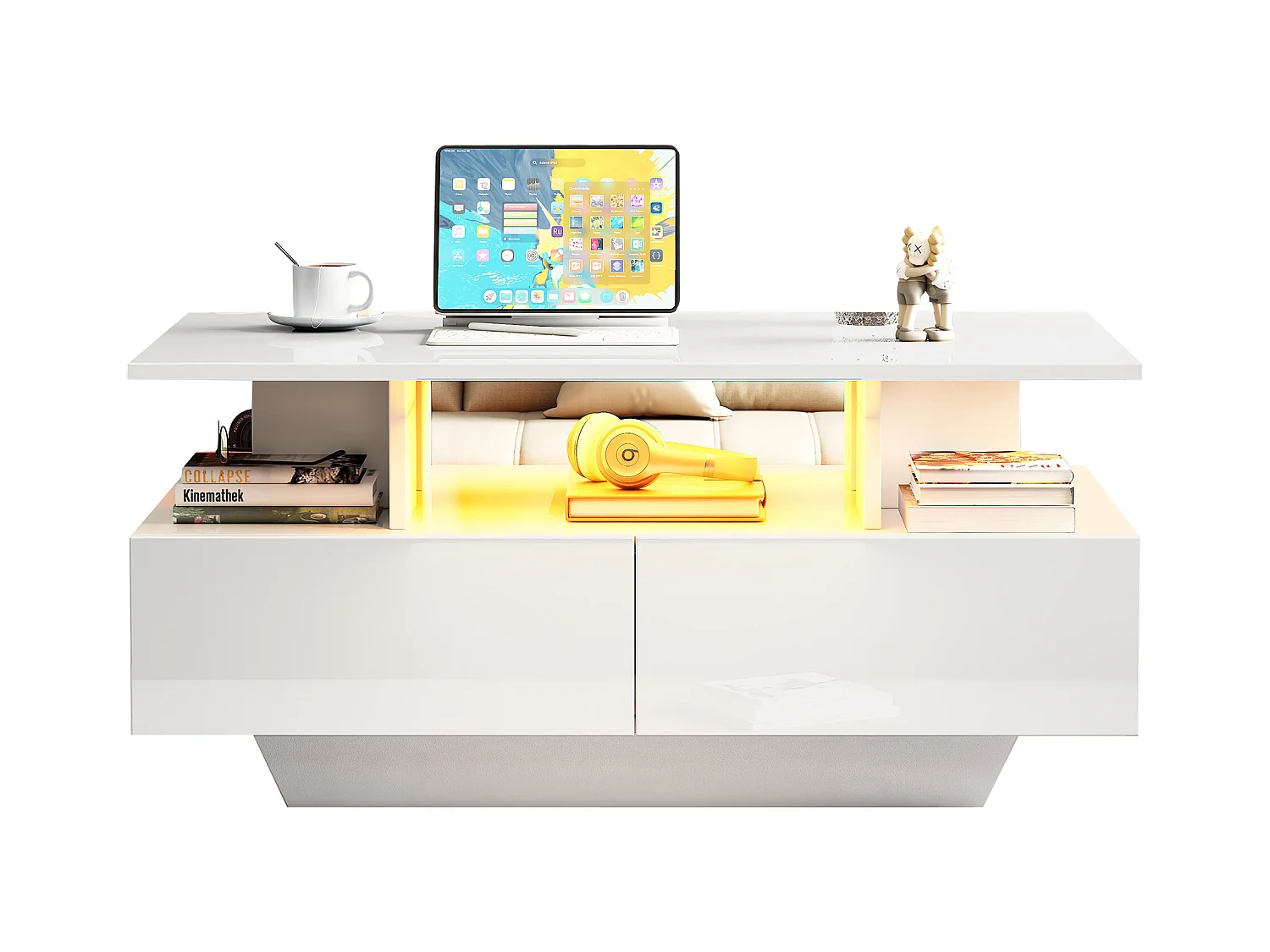 Table basse avec LED - avec 2 tiroirs - Blanc