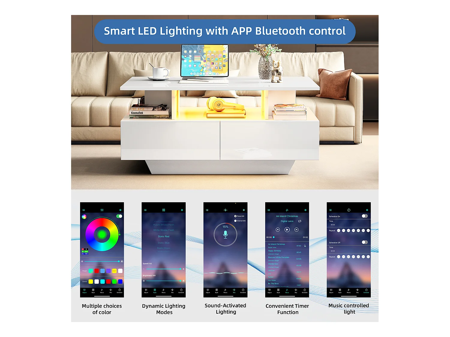 Table basse avec LED - avec 2 tiroirs - Blanc