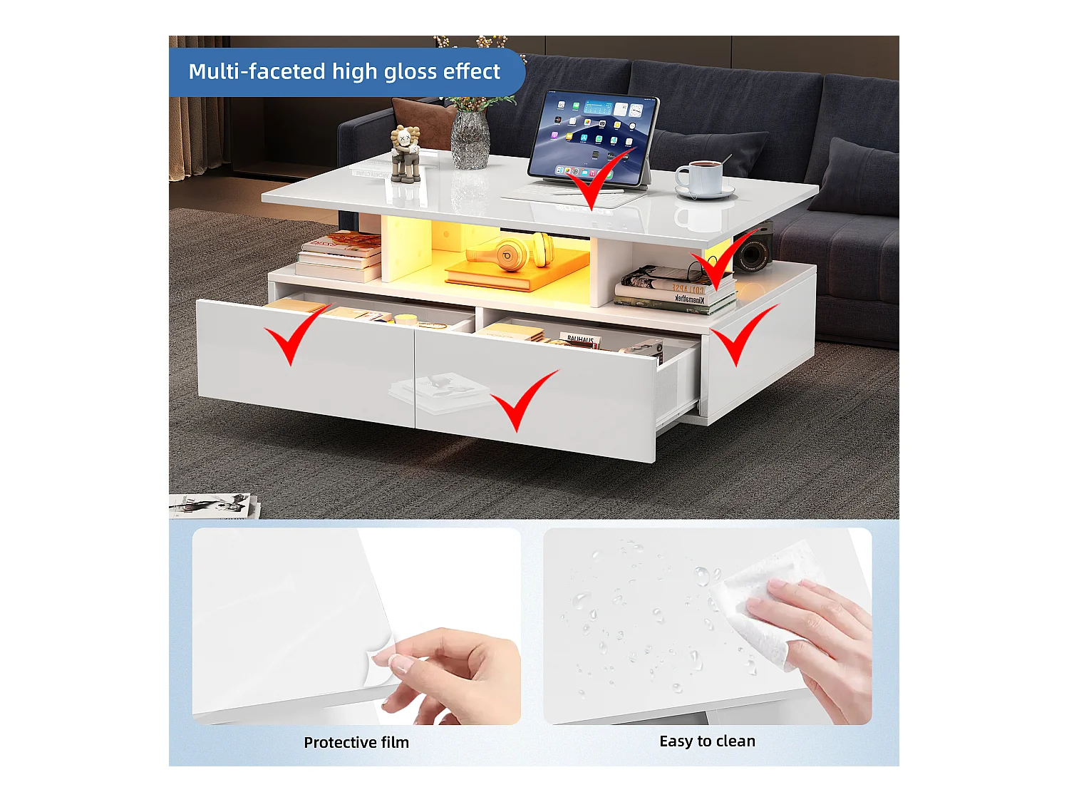 Table basse avec LED - avec 2 tiroirs - Blanc