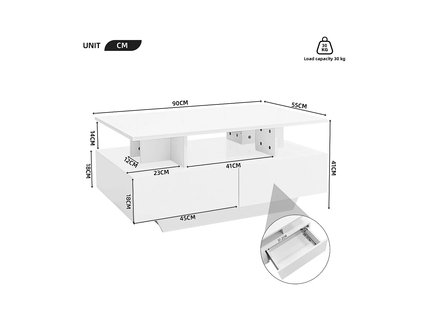 Table basse avec LED - avec 2 tiroirs - Blanc
